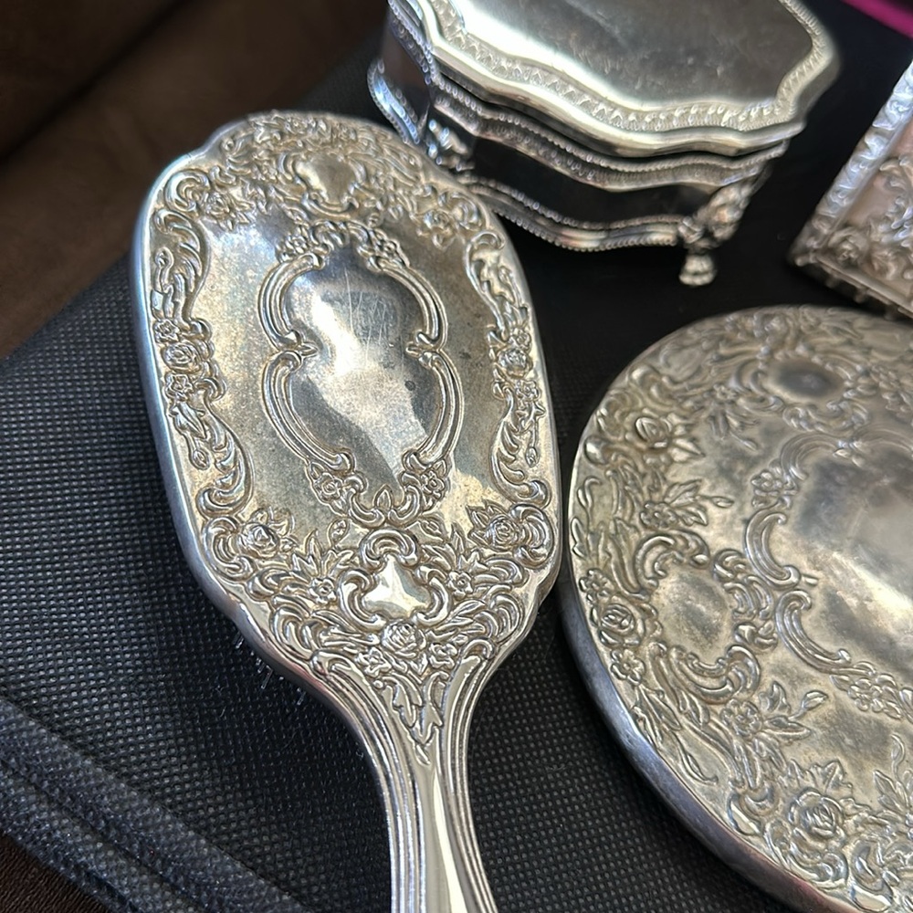 Vintage Silver Vanity Set Ornate Mirror, Brush, Trinket Box with Victorian Charm - Picture 13 of 16